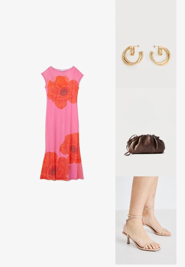 Rosa Blumenkleid mit großen orangen Mohnblumenmotiven, kurzen Ärmeln und einem fließenden Design. Hergestellt aus leichtem Stoff mit glatter Textur.; Nackte Riemchensandalen mit einem dünnen Knöchelriemen, einem quadratischen Zehendesign und einem kleinen Blockabsatz. Glatte Textur mit minimaler Detailgestaltung.; Weiche braune Lederbeuteltasche mit gerafftem oberen Teil und schmalem Riemen, auf weißem Hintergrund liegend.; Paar glänzende goldene Doppel-Loop-Creolen mit Steckverschlüssen vor weißem Hintergrund.