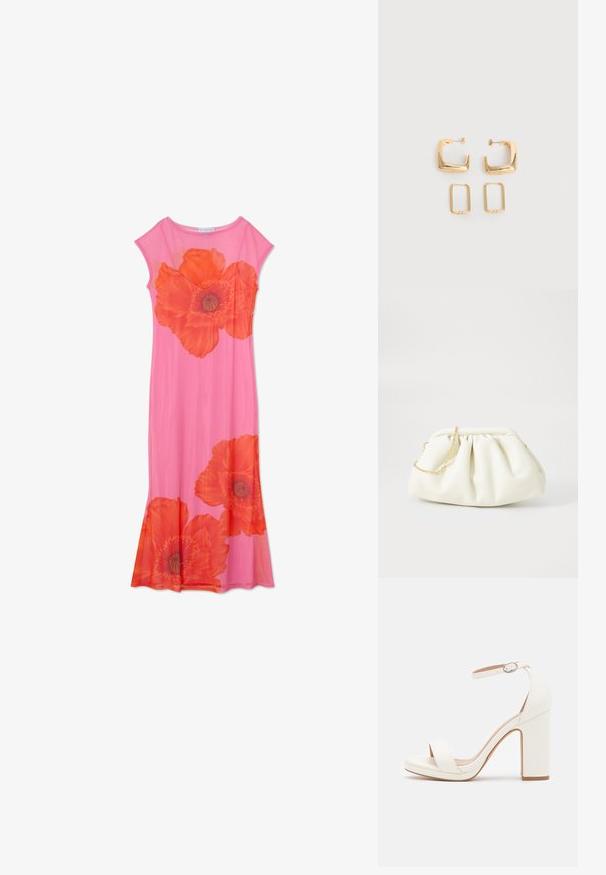 Rosa Blumenkleid mit großen orangen Mohnblumenmotiven, kurzen Ärmeln und einem fließenden Design. Hergestellt aus leichtem Stoff mit glatter Textur.; Weiße High-Heel-Sandale mit Knöchelriemen, minimalistisches Design, offene Zehen, Blockabsatz und glattes Lederfinish.; Weiße Lederhandtasche mit einem gerafften Design, ausgestattet mit einem goldenen Kettenriemen und einer runden Form. Glatte Textur mit sanften Falten und ohne Muster.; Zwei Paare goldfarbener geometrischer Creolen auf einer schlichten weißen Oberfläche, ein Paar quadratisch und massiv, ein Paar rechteckig und hohl.