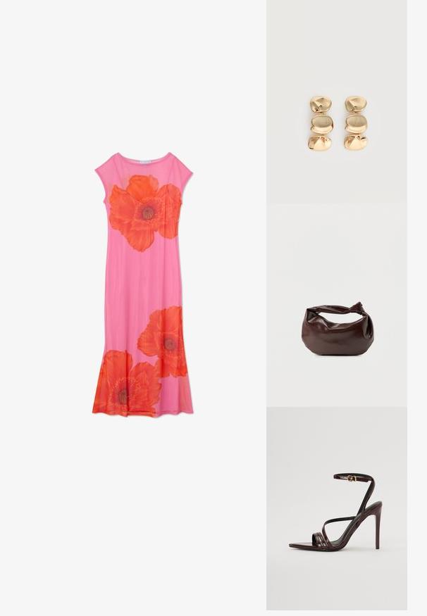Rosa Blumenkleid mit großen orangen Mohnblumenmotiven, kurzen Ärmeln und einem fließenden Design. Hergestellt aus leichtem Stoff mit glatter Textur.; Bordeaux-farbenes Lackleder-High-Heel-Sandale mit einem Knöchelriemen, spitzem Zehenbereich und drei horizontalen Riemen über dem Fuß. Details mit goldfarbener Schnalle.; Dunkelbraune Lederschultertasche mit weicher, lockerer Form und einem gedrehten Knotengriff vor schlichtem weißem Hintergrund.; Ohrhänger in Goldoptik mit drei unregelmäßigen, glatten, abgerundeten Segmenten, die vertikal auf einem schlichten, hellen Hintergrund gestapelt sind.