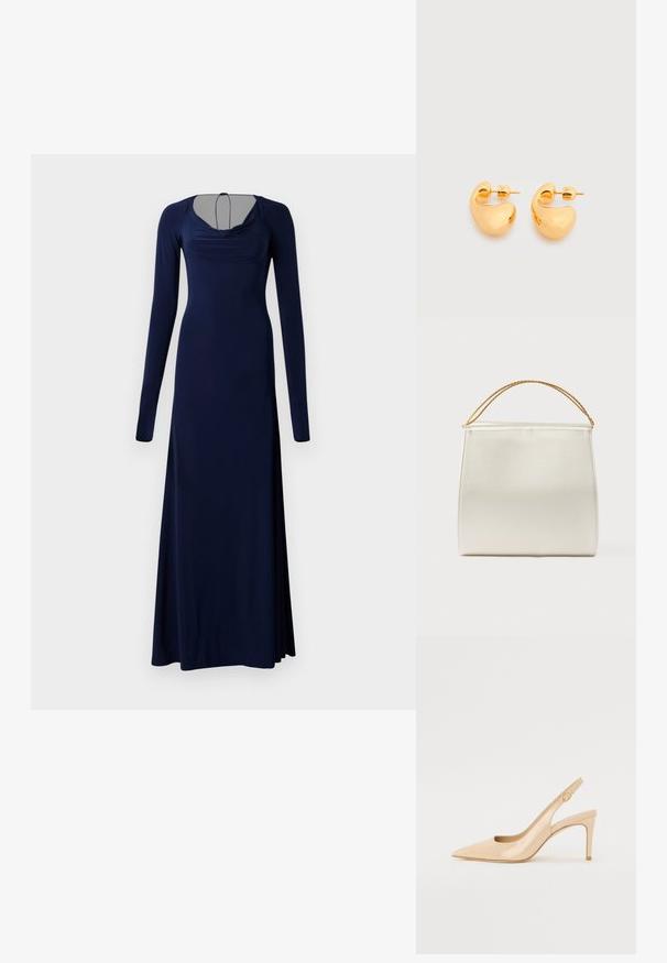 Robe longue bleu marine en tissu doux. Elle présente un décolleté drapé, des manches longues et un corsage ajusté qui s'évase à l'ourlet.; Escarpin slingback en cuir verni nude avec un bout pointu, un décolleté ouvert et un talon aiguille fin. Comprend un accent doré circulaire sur la sangle.; Sac à main structuré en finition satinée, de couleur crème, avec une bandoulière chaîne. Présente une texture plate et lisse ainsi que des coutures nettes.; Paire de petites boucles d'oreilles clous épaisses en métal doré avec des formes lisses, courbes et abstraites sur un fond clair.
