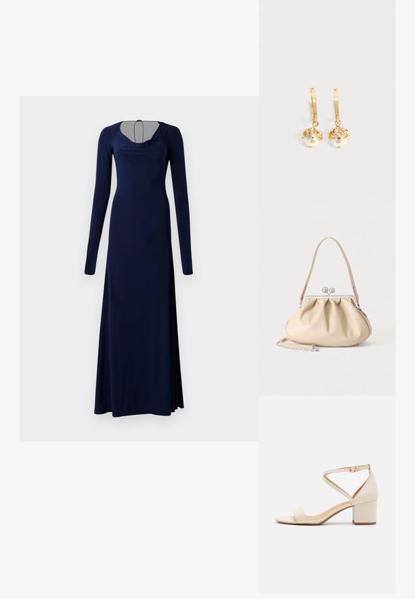 Robe longue bleu marine en tissu doux. Elle présente un décolleté drapé, des manches longues et un corsage ajusté qui s'évase à l'ourlet.; Sandales à talon bloc beiges présentant un design minimaliste, bout ouvert et une sangle de cheville ajustable avec une boucle dorée. Texture lisse.; Sac à main en cuir souple beige avec un fermoir en métal argenté, une bandoulière simple et une bandoulière chaîne optionnelle sur fond blanc.; Boucles d'oreilles créoles en or avec des perles blanches pendantes serties d'or et de petits cristaux clairs sur un fond clair uni.