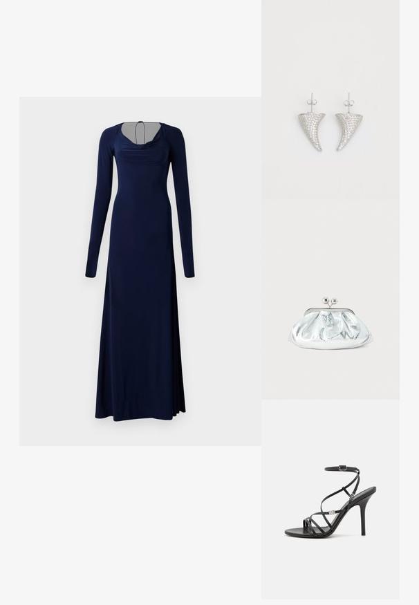Langes, marineblaues Kleid aus glattem Stoff. Es hat einen gerafften Ausschnitt, lange Ärmel und einen taillierten Oberteil, der am Saum ausgestellt ist.; Schwarze High-Heel-Sandale mit dünnen Riemen, einem Knöchelverschluss, einer glatten Lederoberfläche und einem schlanken Stiletto-Absatz.; Kleine silberne Metallic-Clutch mit gerundetem, gerafftem Design und einem Verschluss mit zwei silbernen Kugeln.; Silberne, hornförmige Ohrringe, besetzt mit kleinen klaren Steinen, mit einem Steckverschluss zur Befestigung. Glatte Textur und metallisches Finish.