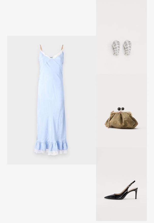 Helles blaues Slipkleid mit Spitzendetail, Spagettiträgern und einem rüschengesäumten Saum. Glatte Stoffoberfläche mit einem subtilen Muster.; Schwarz lackierte Slingback-Pumps mit spitzem Zehenbereich, schlankem Absatz und einem subtilen Ausschnittdesign. Verfügt über eine goldene Schnalle am Riemen.; Kleine Clutch mit goldenem und schwarzem geometrischem Muster, goldfarbenem Metallrahmen, schwarzem Kugelverschluss und kurzem goldfarbenem Kettenriemen.; Silberne Clip-On-Ohringe mit spiralförmigem Design, das eine glatte metallische Textur und abgerundete Formen aufweist. Keine sichtbaren Verzierungen oder Muster.
