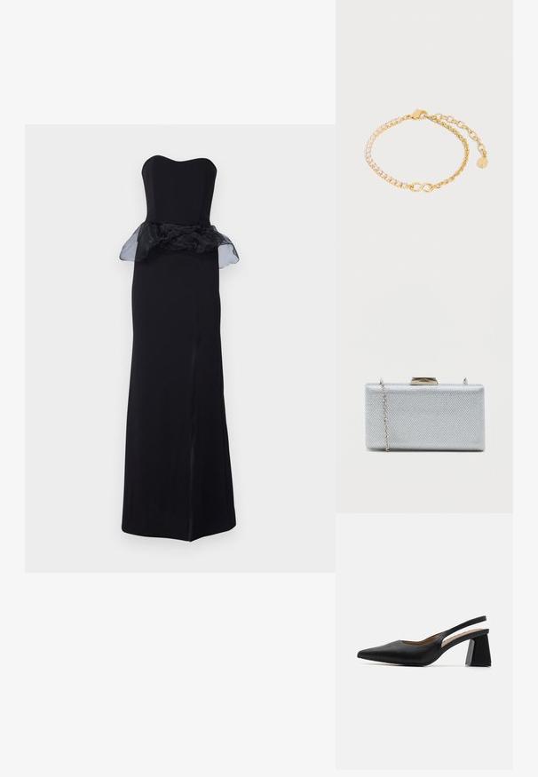 Μαύρο strapless βραδινό φόρεμα με εφαρμοστή σιλουέτα, φαρδιά διάφανη λεπτομέρεια στη μέση και σκίσιμο μέχρι τον μηρό στο πλάι. Λείος υφασμάτινος ιστός.; Μαύρη εσπαντρίγια με τακούνι, σε κομψό σχέδιο με κοφτή μύτη και υφή από δερμάτινη επιφάνεια. Διαθέτει γεωμετρικό τακούνι τύπου μπλοκ για πρόσθετη σταθερότητα.; Ορθογώνιο ασημένιο τσαντάκι από υφασμάτινη μεταλλική υφή, με κλείσιμο τύπου κλειδώματος και αποσπώμενη αλυσίδα για μεταφορά.; Βραχιόλι με χρυσή αλυσίδα και μικρές διαυγείς πέτρες στη μία πλευρά και ρυθμιζόμενους κρίκους με κούμπωμα αστακού στην άλλη πλευρά.