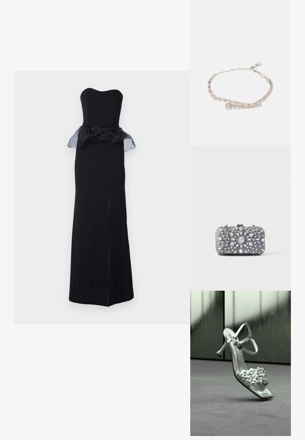 Μαύρο strapless βραδινό φόρεμα με εφαρμοστή σιλουέτα, φαρδιά διάφανη λεπτομέρεια στη μέση και σκίσιμο μέχρι τον μηρό στο πλάι. Λείος υφασμάτινος ιστός.; Ασημί σανδάλι με ψηλό τακούνι και λουράκι στον αστράγαλο, διακοσμημένο με λουλούδια στο μπροστινό λουρί, εμφανίζεται σε ουδέτερο φόντο.; Μικρό ορθογώνιο σκούρο γκρι τσαντάκι χειρός στολισμένο με διαυγή στρας σε ακτινωτό σχέδιο και ασημένια αλυσίδα ιμάντα.; Ασημένιο βραχιόλι με ορθογώνιες και στρογγυλές διάφανες πέτρες που εναλλάσσονται σε σχήμα. Ασφαλίζεται με κούμπωμα και αλυσίδα επεκτάσεως για ρυθμιζόμενη εφαρμογή.