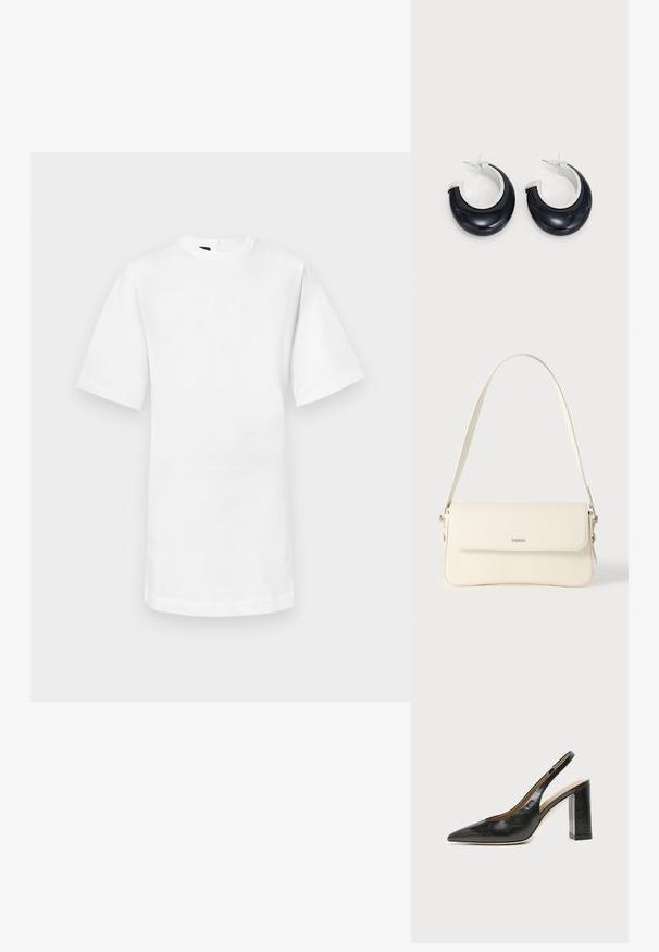 Hvid bomulds T-shirt med korte ærmer, rund halsudskæring og lige kant. Glat tekstur uden synlige mønstre eller accenter.; Sort læder peep-toe slingback sko med høj blokhæl og beige indvendig foring mod en ensfarvet lys baggrund.; Cremefarvet læder skuldertaske med flaplukning, sølvfarvet beslag, en enkelt justerbar rem og diskrete logodetaljer.; Sorte harpiks hoops øreringe med en skinnende overflade og silvertone hardware detaljer. Cirkulær form med en udskæring og stift-bagside lukning.