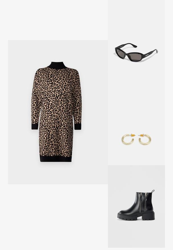 Robe en tricot à imprimé léopard en beige et noir, avec un col haut, des manches longues et des poignets et un ourlet côtelés. Design ample.; Bottes noires en cuir jusqu'à la cheville avec des semelles épaisses, des zips sur les côtés et un talon. Texture lisse avec une boucle à l'arrière pour un enfilage facile.; Lunettes de soleil noires avec une monture rectangulaire, des verres sombres, un matériau plastique lisse et un accent métallique sur la branche.; Boucles d'oreilles en métal doré en forme d'anneau, avec une finition lisse et arrondie. Elles possèdent des accents orange à l'arrière pour un maintien sécurisé.