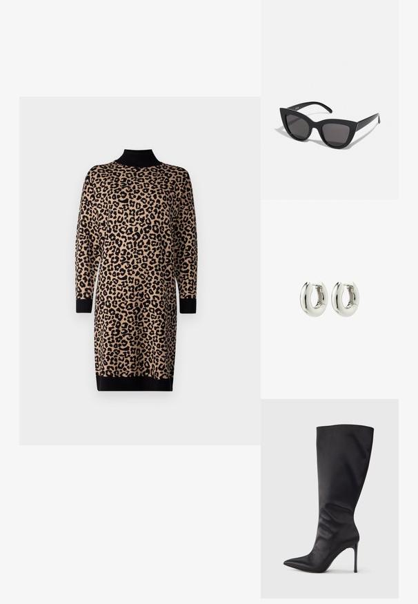 Knit leopard print dress in beige and black, featuring high neck, long sleeves, and ribbed cuffs and hem. Loose-fitting design.; Musta polven korkuinen piikkikorkokenkä, valmistettu sileästä ja kiiltävästä materiaalista; terävä kärki; tiukka istuvuus ja hienovarainen rypytys nilkan kohdalla; kiiltävä korko.; Mustat kissansilmäaurinkolasit, joissa on matta pinta, harmaansiniset linssit, terävät kulmat ja tyylikkäät sivuvarret. Brändin nimi näkyy sisävarsissa.; Hope hopeiset hopeiset, joissa on sileä, pyöristetty muotoilu ja kiiltävä viimeistely. Ominaisuuksiin kuuluu yksinkertainen sarana sulku, joka takaa helpon käyttömukavuuden.
