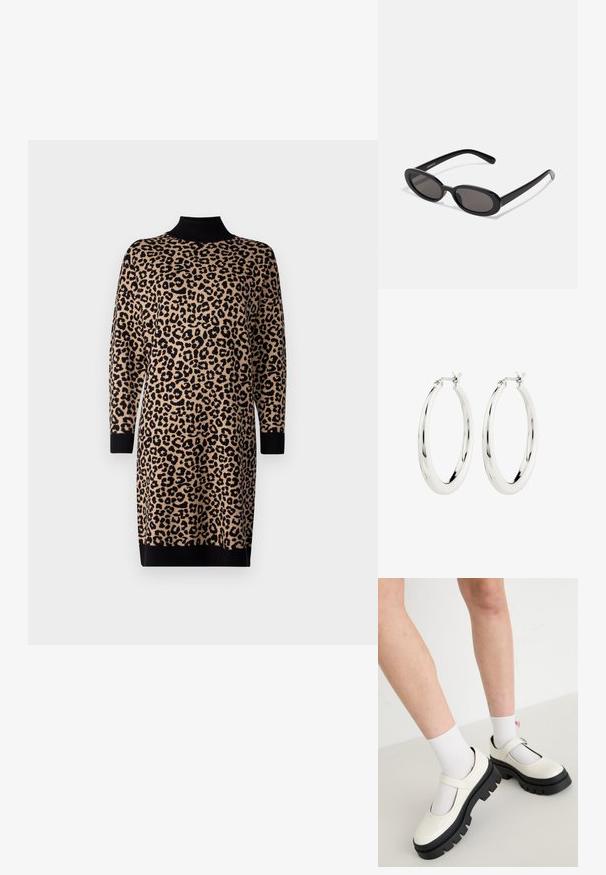 Knit leopard print dress in beige and black, featuring high neck, long sleeves, and ribbed cuffs and hem. Loose-fitting design.; Valkoiset patenttNahka Mary Jane -kengät, joissa on paksu musta pohja, ja joissa on hihna jalkapöydän yli, käytettyjen valkoisten sukkien kanssa.; Even&Odd Aurinkolasit - black; Hope hopea, joissa on sileä ja kiiltävä pinta. Pyöreä muoto, jossa on turvallinen suljin. Yksinkertainen ja elegantti muotoilu.