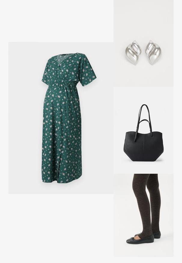 Vestido floral verde con escote en V, mangas cortas y cinturilla elástica. Presenta una silueta larga y fluida con pequeños patrones de flores.; Piernas con leggings oscuros acanalados combinados con bailarinas negras que presentan pequeños detalles de lazo sobre un fondo blanco.; Bolsa tote negra de cuero liso y texturizado, con parte superior redondeada y dobles asas largas. Presenta una base angular para estabilidad y un diseño estructurado.; Pendientes de plata con una forma orgánica y abstracta. Superficie lisa y brillante con un diseño cónico. Presentan suaves curvas y un detalle de línea central.