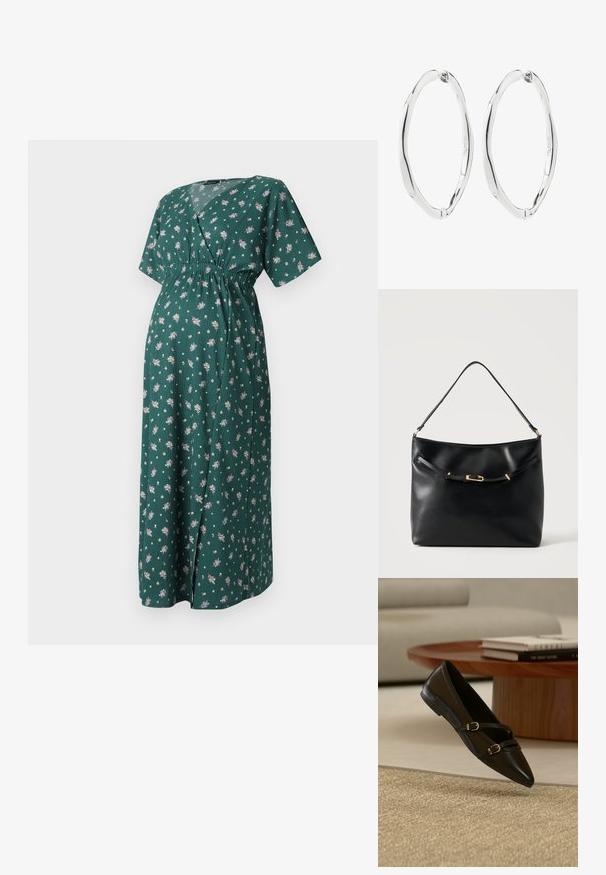 Groene bloemenjurk met een V-halslijn, kortere mouwen en een elastische tailleband. Heeft een lange, vloeiende silhouette met kleine bloemenpatronen.; Zwarte platte schoen met puntige neus en twee dunne gespspanners die boven een beige tapijt zweven, met een houten salontafel en boeken op de achtergrond.; Zwarte leren schoudertas met een enkele band en een klein gouden gespsdetail aan de voorkant tegen een effen lichte achtergrond.; Een paar gepolijste zilveren gedraaide ovale creolen met scharnierende sluitingen, getoond tegen een witte achtergrond.