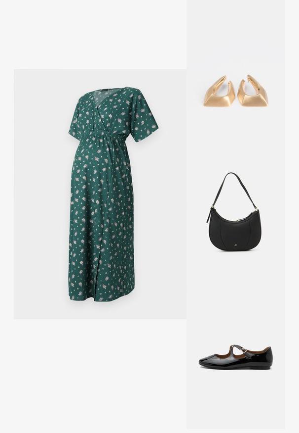 Vestido floral verde con escote en V, mangas cortas y cinturilla elástica. Presenta una silueta larga y fluida con pequeños patrones de flores.; Zapato plano Mary Jane de charol negro con dos recortes y una correa con hebilla dorada sobre fondo blanco.; Bolso de mano de cuero negro con forma curva, superficie texturizada, costuras frontales y un logo en tono dorado. Cuenta con una sola correa ajustable.; Pendientes de metal dorado con un diseño geométrico que presenta formas angulares y un acabado pulido. Destacan por su forma escultórica.