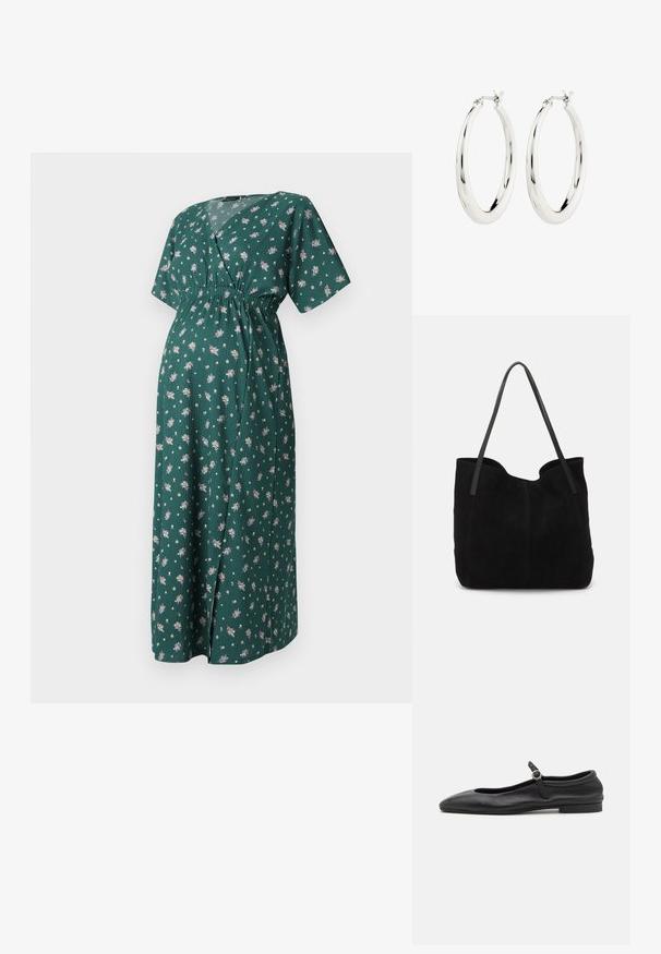 Vestido floral verde con escote en V, mangas cortas y cinturilla elástica. Presenta una silueta larga y fluida con pequeños patrones de flores.; Bailarinas de cuero negro con punta redonda, escote estrecho y una pequeña correa en el tobillo con una hebilla circular. Suela baja y plana.; Bolso de mano de ante negro con dos correas de cuero largas y planas. Presenta un borde superior curvado y costuras visibles en la parte frontal. Sin acentos de metal.; Pendientes de aro de plata con un acabado suave y brillante. Forma circular, con un cierre seguro. Diseño sencillo y elegante.
