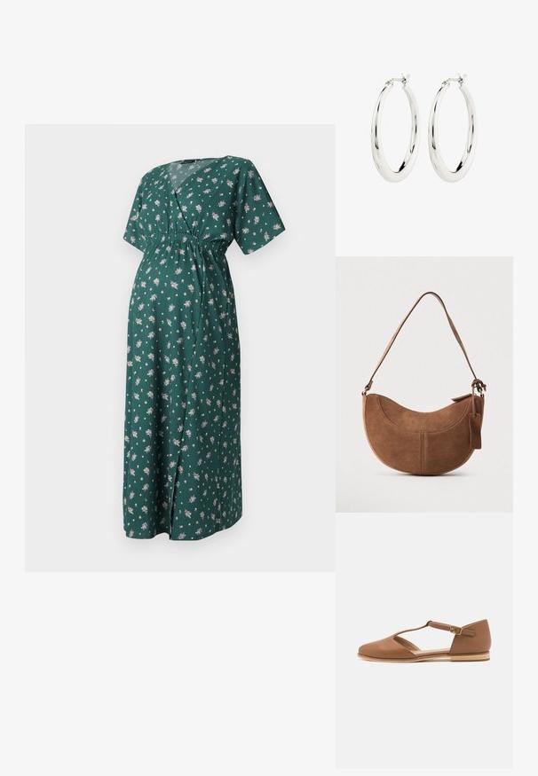 Groene bloemenjurk met een V-halslijn, kortere mouwen en een elastische tailleband. Heeft een lange, vloeiende silhouette met kleine bloemenpatronen.; Bruine leren platte schoen met een uitsnijd ontwerp, enkelbandje en een lichte houten zool. Beschikt over een ronde neus en een gladde textuur.; Bruine suède handtas met een gebogen, halve maanvorm. Voorzien van een schouderriem, een klein label en zichtbare stiksels langs de randen.; Zilveren oorbellen in de vorm van een gladde, glanzende ring. Circulaire vorm, voorzien van een veilige sluiting. Eenvoudig en elegant ontwerp.