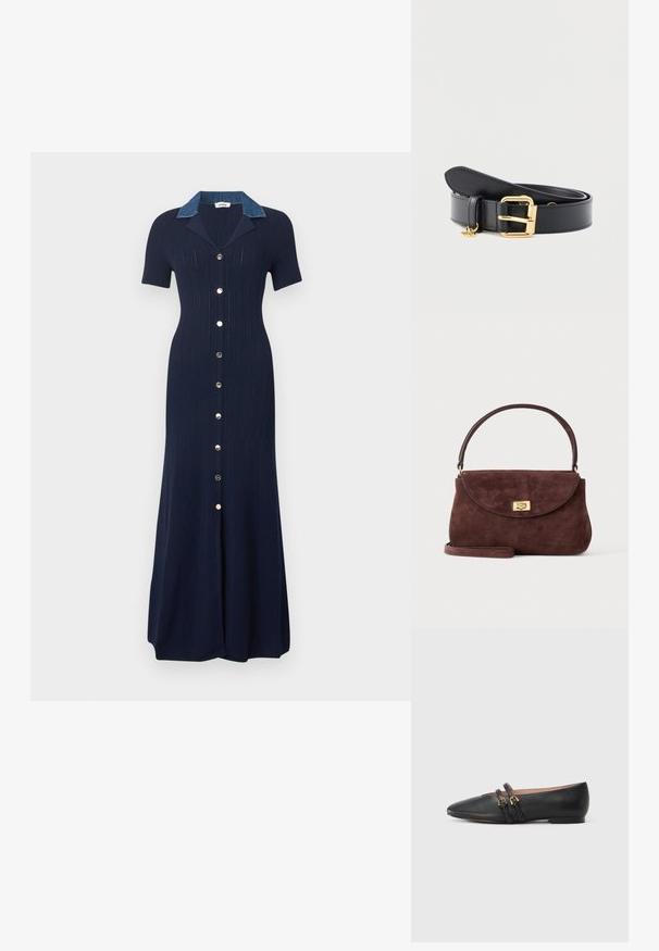 Robe midi côtelée bleu marine avec manches courtes, boutons argentés à l'avant et col en denim bleu clair contrastant.; Chaussures plates en cuir noir avec un bout pointu, dotées de deux brides noires avec des accents en métal doré. Texture lisse et talon bas.; Petit sac à main en daim marron avec un rabat courbe, une fermeture à tour dorée, une poignée courte et une bandoulière optionnelle sur un fond uni.; Ceinture en cuir noir avec une boucle dorée, présentant une texture lisse et un pendentif suspendu. Design classique aux lignes épurées et accents subtils.