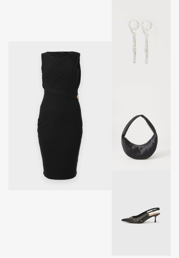Vestido negro sin mangas con un diseño drapeado y una costura lateral fruncida, acentuado por un detalle de hardware en tono dorado.; Zapato de tacón con talón descubierto en piel negra, punta puntiaguda, tacón pequeño y detalles metálicos decorativos a lo largo de la abertura frontal. Textura lisa.; Bolso de satén negro con forma curva, que cuenta con un cierre de cremallera y un logo triangular en metal en la parte delantera. Textura suave y diseño elegante.; Pendientes colgantes de plata con cristales transparentes rectangulares y redondos en una línea vertical, asegurados con cierres tipo leverback.