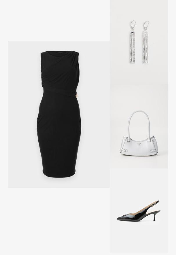 Vestido negro sin mangas con un diseño drapeado y una costura lateral fruncida, acentuado por un detalle de hardware en tono dorado.; Tacón slingback de charol negro con puntera puntiaguda, tacón pequeño tipo kitten y correa con hebilla plateada sobre un fondo blanco liso.; Bolso de mano plateado con un diseño estructurado, que cuenta con dos asas, textura brillante, herrajes de acento y un logo triangular en la parte frontal.; Pendientes de plata con dos barras alargadas, cada una decorada con pequeños rhinestones claros en un patrón lineal. Cierre de presión.