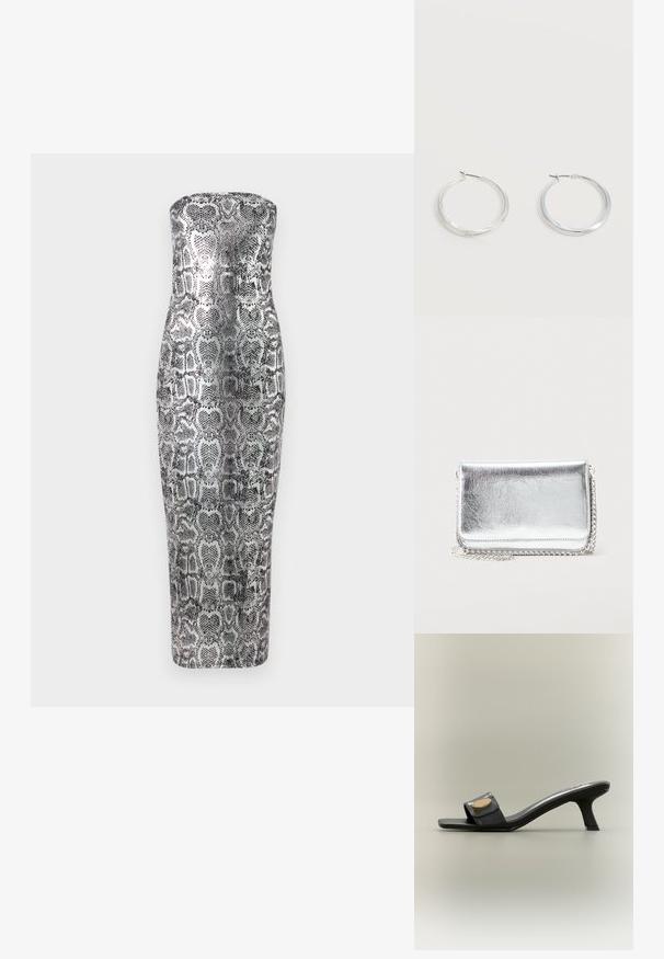 Kameeta ilma õlgadeta midi kleit, millel on madu mustriga, pehme tekstuur ja metallilised hõbedased ning mustad toonid.; Mustad avatud varbaga mule-sandaal keskmise kõrgusega kõverdatud kannaga ja kuldse ovaalse kaunistusega laial esimesel rihmal, neutraalsel taustal.; Väike ristkülikukujuline hõbedane metallist rahakott ketist rihmaga, mis asub heledal pinnal, suletud klapp on suunatud ettepoole.; Hõbedased metallist rõngakujulised kõrvarõngad, millel on sile, kergelt kaarduv pind ja lukustuvad tagused kinnitused, valgel taustal.