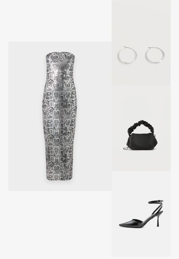 Trägerloses Midikleid im Schlangenprint mit figurbetonter Silhouette, glattem Material und metallischen Farbtönen in Silber und Schwarz.; Schwarzer spitzer High Heel mit dünnen Knöchelriemen und silberner Schnalle auf einfachem hellem Hintergrund.; Schwarze Handtasche mit runder Form, aus glattem Material gefertigt. Verfügt über einen weichen, gerafften Griff und einen Metallkettengurt für Vielseitigkeit.; Silberne Metallcreolen mit glatter, leicht gebogener Oberfläche und Klappverschluss vor schlicht weißem Hintergrund.