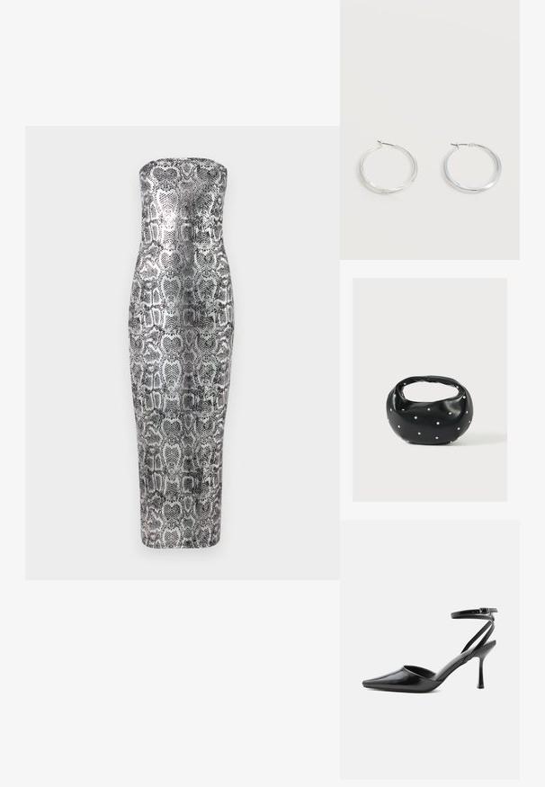 Kameeta ilma õlgadeta midi kleit, millel on madu mustriga, pehme tekstuur ja metallilised hõbedased ning mustad toonid.; Mustad terava otsaga kõrged kontsakingad peente pahkluu rihmade ja hõbedase pandlaga ühevärvilise heleda taustal.; Mustast nahast ümmarguse kujuga käekott, kaunistatud hõbedaste naeladega, lühikese sangaga. Sile tekstuur ja tõmblukuga sulgemine.; Hõbedased metallist rõngakujulised kõrvarõngad, millel on sile, kergelt kaarduv pind ja lukustuvad tagused kinnitused, valgel taustal.