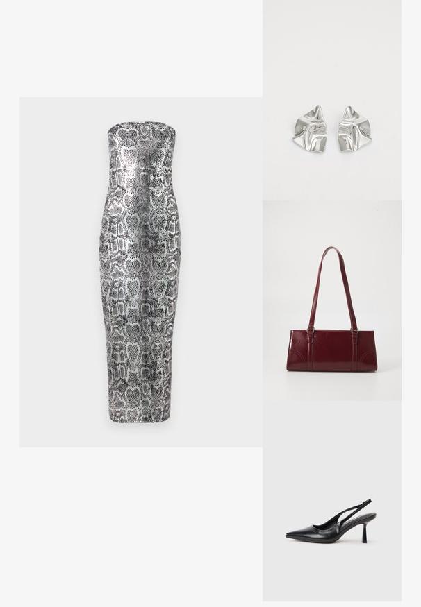 Olkaimeton midi-mekko käärmeennahkakuosilla, jossa on tiukka siluetti, sileä pinta ja metallinhohtoisia sävyjä hopeaa ja mustaa.; Musta nahkainen avokärkinen slingback-korkokenkä, jossa on kapea korko, valkoista taustaa vasten.; Burgundin värinen käsilaukku, joka on valmistettu kiiltävästä materiaalista, suorakaiteen muotoinen, kahdella olkahihnalla ja hienovaraisilla kaarevilla aksentteilla edessä.; Hopeakauppaketju, jossa on aaltoileva, veistoksellinen muotoilu ja kiiltävä pinta, esittelee epäsäännöllisiä muotoja, korostaen nykyaikaista estetiikkaa.