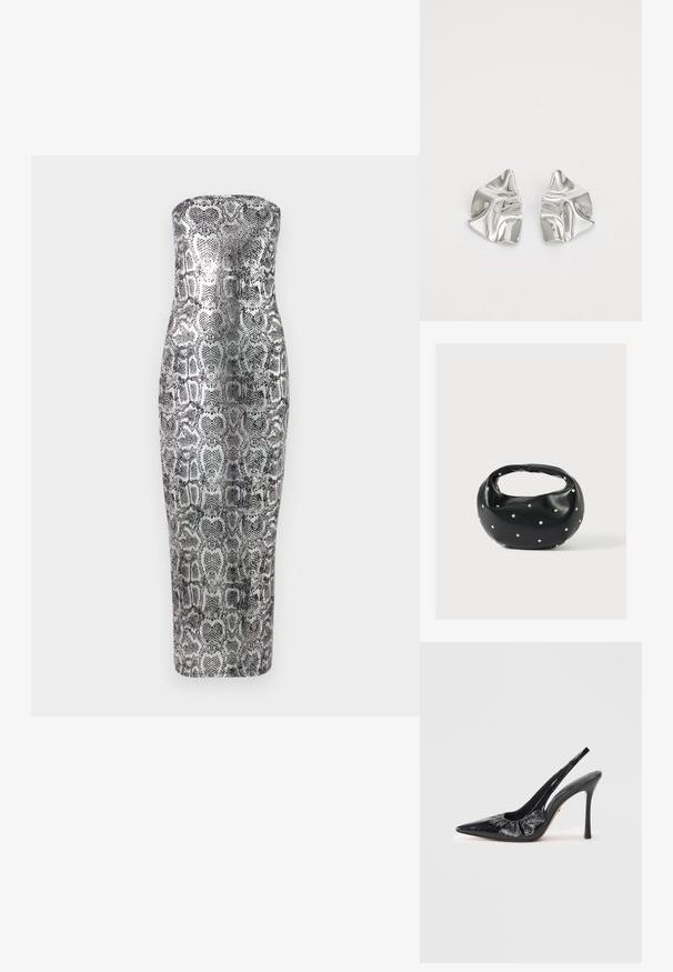 Strapless midi-kjole i slangeskindsprint, med en tætsiddende silhuet, glat tekstur og metalliske nuancer af sølv og sort.; Sorte læder slingback stiletter med spids tå, samlede tekstur foran og en høj stilettohælh.; Sort læderhåndtaske med en rundet form, dekoreret med sølvnitter, og et kort håndtag. Glat tekstur og lynlåslukning.; Sølvmetal øreringe med et bølgende, skulpturelt design, der har en poleret overflade og uregelmæssige former, hvilket fremhæver en moderne æstetik.