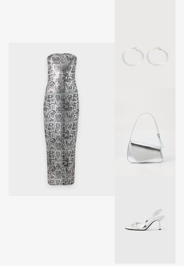 Strapless midi-kjole i slangeskindsprint, med en tætsiddende silhuet, glat tekstur og metalliske nuancer af sølv og sort.; Sølv slingback-høje hæle med spids tå, blank finish og et rektangulært pynt foran, med en slank hæl og justerbar rem.; Sølvmetallic håndtaske med en trekantet form, glat overflade og en tynd, justerbar skulderrem. Har et fold-over design med syninger.; Par skinnende sølvøreringe med tynde trådlåse, vist på en lys grå baggrund.