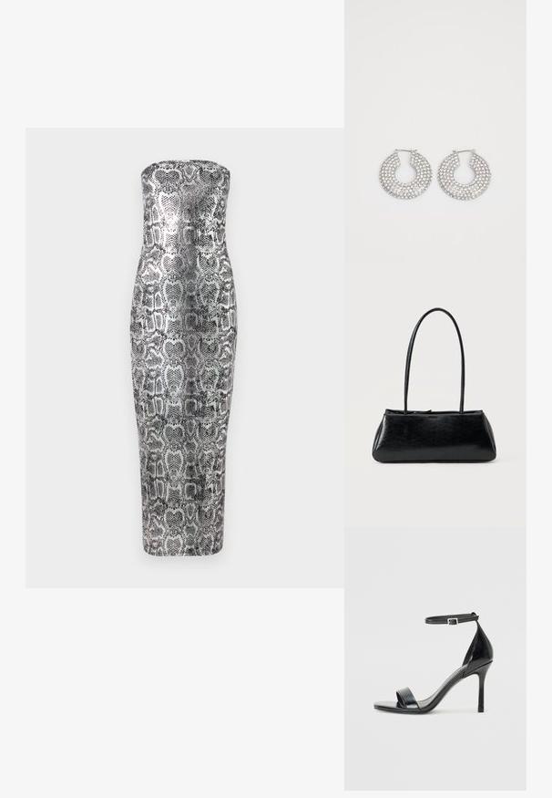 Vestido midi sin tirantes con estampado de serpiente, que presenta una silueta ajustada, textura suave y tonos metálicos en plata y negro.; Sandal de tacón alto de charol negro con punta abierta, una sola tira en la parte frontal y una correa en el tobillo ajustable.; Bolso de hombro rectangular negro con correas largas y delgadas y una textura lisa y brillante sobre un fondo liso.; Aros de plata en forma de aro adornados con múltiples embellishments de cristal transparente, con una superficie texturizada y un diseño circular abierto.