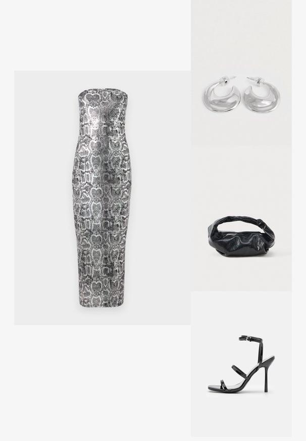Kameeta ilma õlgadeta midi kleit, millel on madu mustriga, pehme tekstuur ja metallilised hõbedased ning mustad toonid.; Mustad nahast kõrge kontsaga sandaalid, millel on kolm horisontaalset rihma ja reguleeritav pahkluuri rihm. Sleek siluett ja läikiv viimistlus.; Must have kõrge läikega struktuurse materjaliga must käekott, millel on ümmargune, keeratud sang ja tõmblukk. Omab pehmet, kortsulist disaini.; Paari poleeritud hõbedast kuusnurksete rõngaste kõrvarõngaid, selgete plastist tagustega valgel pinnal.