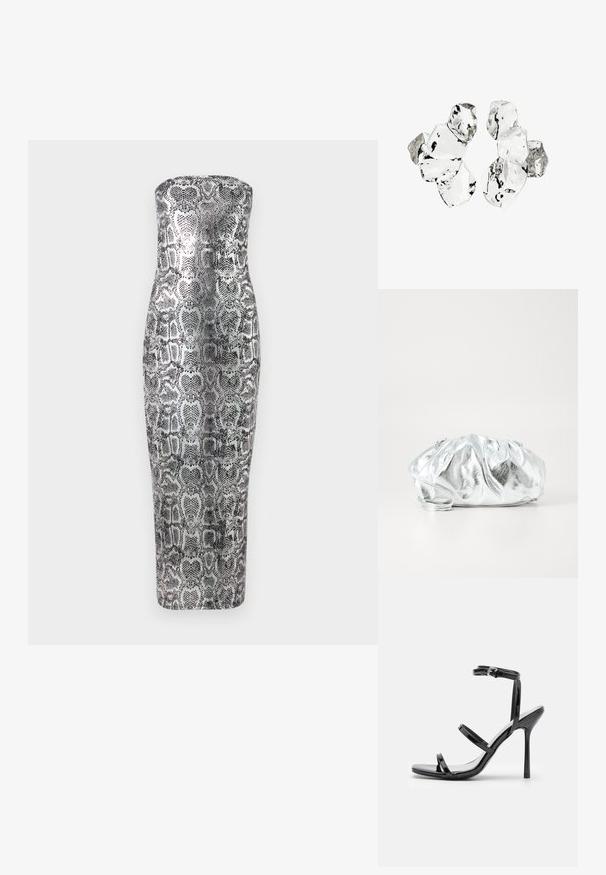 Kameeta ilma õlgadeta midi kleit, millel on madu mustriga, pehme tekstuur ja metallilised hõbedased ning mustad toonid.; Mustad nahast kõrge kontsaga sandaalid, millel on kolm horisontaalset rihma ja reguleeritav pahkluuri rihm. Sleek siluett ja läikiv viimistlus.; Metallik hõbedane vist välja kott pehme, kokku korjatud kehaga ja õhukese õlavarre rihmaga. Omab siledat, läikivat tekstuuri ja ümmargust kuju.; Kuus ebaühtlaselt kujundatud läbipaistvat ja peegeldavat klaasitaolist tükki, paigutatud valgele taustale.