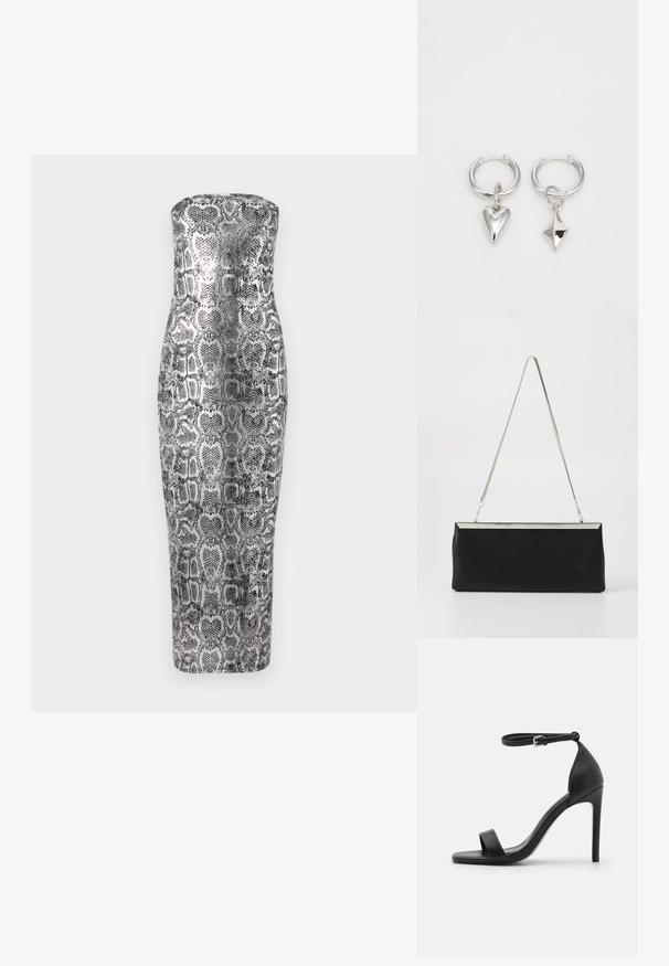 Trägerloses Midikleid im Schlangenprint mit figurbetonter Silhouette, glattem Material und metallischen Farbtönen in Silber und Schwarz.; Schwarze hochhackige Sandale mit elegantem Design, featuring einem Knöchelriemen, offener Zehenpartie und glattem Lederfinish.; Schwarze Leder-Clutch mit einem silbernen Metallkette-Griff und einer eleganten rechteckigen Form. Mattes Finish und minimalistisches Design mit einem metallischen Akzent.; Silberne Creolen mit einem Herz- und einem diamantförmigen Anhänger. Glatte Textur mit polierter Oberfläche.