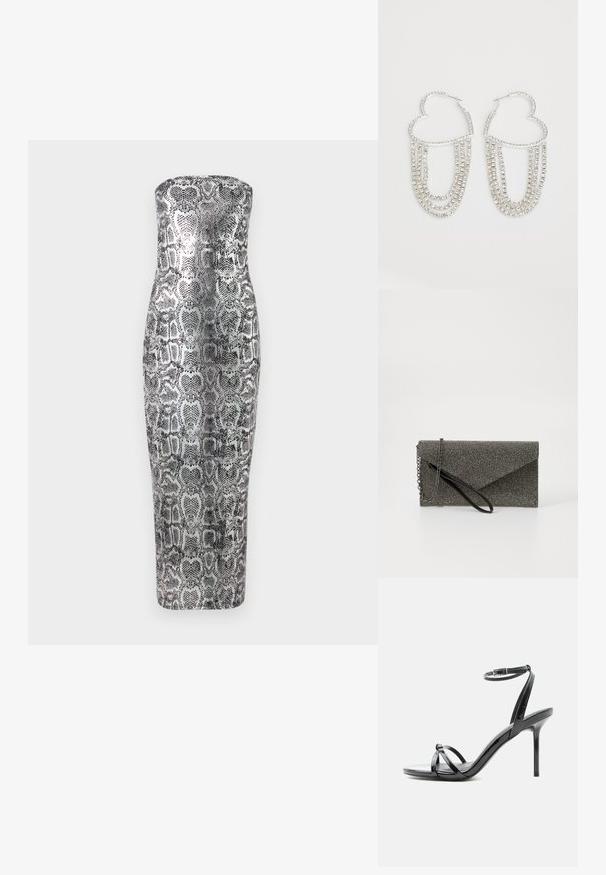 Strapless midi-kjole i slangeskindsprint, med en tætsiddende silhuet, glat tekstur og metalliske nuancer af sølv og sort.; Sort laklæder høje hæle sandal med tynde remme, der krydser tæerne, og en ankel spænde rem på en hvid baggrund.; Metallic grå clutch pung med struktureret mesh mønster, kuverter design, kæde rem og en slank, tynd håndledsrem.; Sølv hoops i hjerteform, prydet med hængende strenge af klare rhinsten for ekstra glans og struktur.