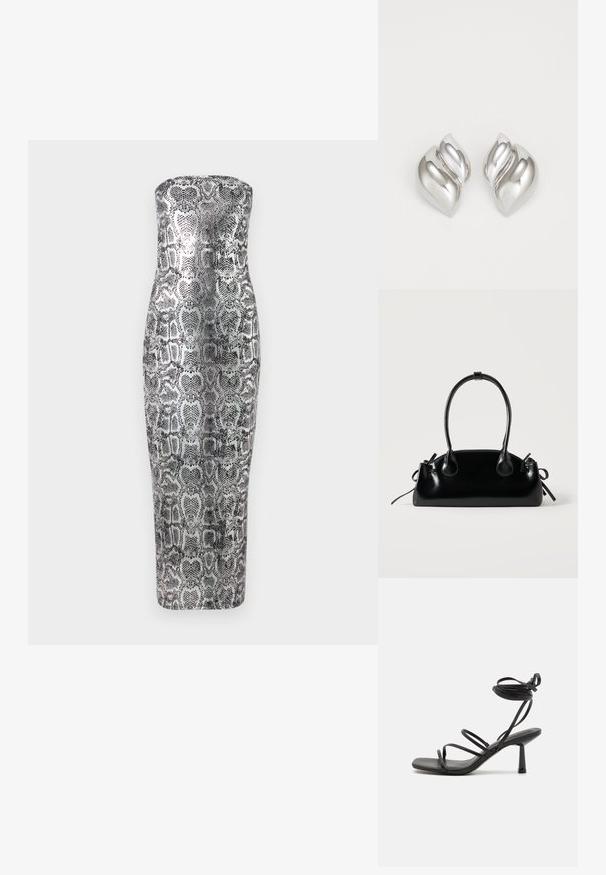 Trägerloses Midikleid im Schlangenprint mit figurbetonter Silhouette, glattem Material und metallischen Farbtönen in Silber und Schwarz.; Schwarze Sandale mit Riemchen, quadratischer Zehenpartie, verstellbaren Knöchelbindungen und einem schmalen Blockabsatz. Hergestellt aus einem glatten, strapazierfähigen Material.; Kleine schwarze glänzende Handtasche mit zwei langen Griffen und seitlichen Kordelzug-Details vor einfachem hellem Hintergrund.; Silberne Ohrringe mit einer organischen, abstrakten Form. Glatte, glänzende Oberfläche mit einem konischen Design. Mit dezenten Kurven und einem zentralen Linienelement.