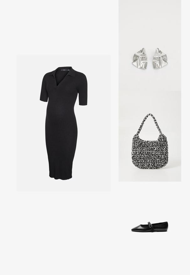 Robe de maternité en maille côtelée noire avec manches courtes et col, avec un col en V et un ourlet à hauteur du genou.; Chaussure noire plate en cuir avec un bout pointu, bride réglable avec une boucle en métal, texture lisse et design minimaliste.; Sac en osier noir et blanc de forme arrondie, avec une surface texturée et une poignée tressée. Convient à un usage décontracté.; Boucles d'oreilles en métal argenté avec un design ondulé et sculptural, présentant une finition polie et des formes irrégulières, mettant en valeur une esthétique contemporaine.