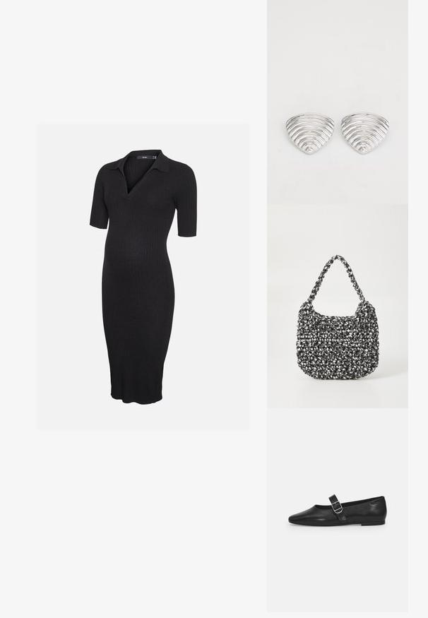 Robe de maternité en maille côtelée noire avec manches courtes et col, avec un col en V et un ourlet à hauteur du genou.; Chaussure plate en cuir noir avec un bout arrondi, une seule sangle réglable à boucle et une texture lisse et brillante. Design minimaliste avec un petit talon.; Sac en osier noir et blanc de forme arrondie, avec une surface texturée et une poignée tressée. Convient à un usage décontracté.; Boucles d'oreilles en argent avec un design ondulé et texturé, en forme de croissants superposés ; la finition polie accentue les qualités réfléchissantes.