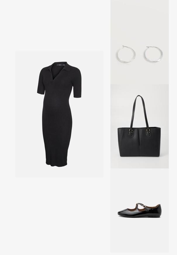 Robe de maternité en maille côtelée noire avec manches courtes et col, avec un col en V et un ourlet à hauteur du genou.; Chaussure plate Mary Jane en cuir verni noir avec deux découpes et une bride à boucle dorée sur fond blanc.; Sac fourre-tout noir en simili cuir avec une finition texturée, deux longues poignées et des accents en métal doré sur le côté. Shape rectangulaire.; Boucles d’oreilles créoles en métal argenté avec une surface lisse légèrement incurvée et des fermoirs à clapet sur un fond blanc uni.