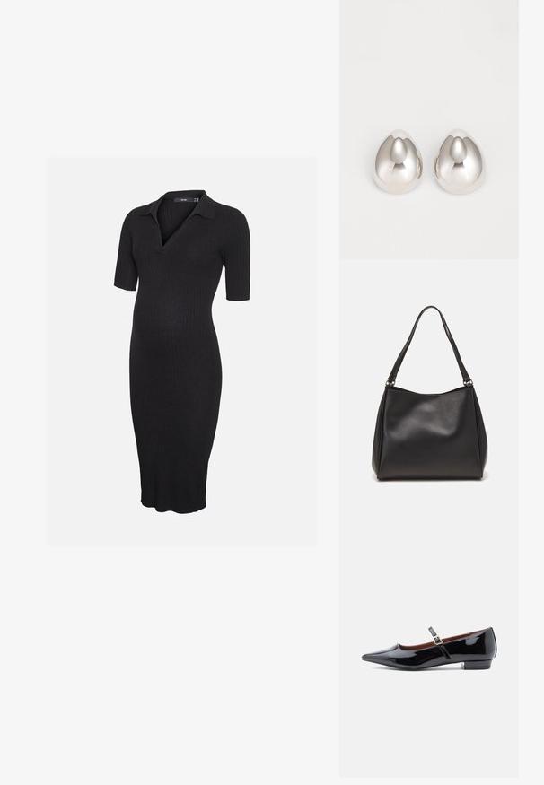 Robe de maternité en maille côtelée noire avec manches courtes et col, avec un col en V et un ourlet à hauteur du genou.; Escarpin Mary Jane en cuir verni noir avec bout pointu et petit talon, doté d'une sangle ajustable avec boucle dorée.; Sac à main en cuir synthétique noir avec une texture douce, forme hobo et doubles poignées; présente une finition brillante et un design minimaliste.; Boucles d'oreilles en métal argenté avec un design lisse et arrondi ressemblant à la forme d'une goutte d'eau, présentant une surface réfléchissante et une finition sans couture.
