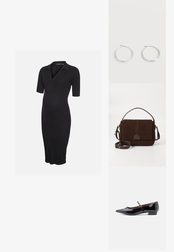 Robe de maternité en maille côtelée noire avec manches courtes et col, avec un col en V et un ourlet à hauteur du genou.; Escarpin Mary Jane en cuir verni noir avec bout pointu et petit talon, doté d'une sangle ajustable avec boucle dorée.; Sac messager en daim marron avec un rabat plat à l'avant, des accents en cuir marron, une bandoulière ajustable et un design minimaliste.; Boucles d’oreilles créoles en métal argenté avec une surface lisse légèrement incurvée et des fermoirs à clapet sur un fond blanc uni.
