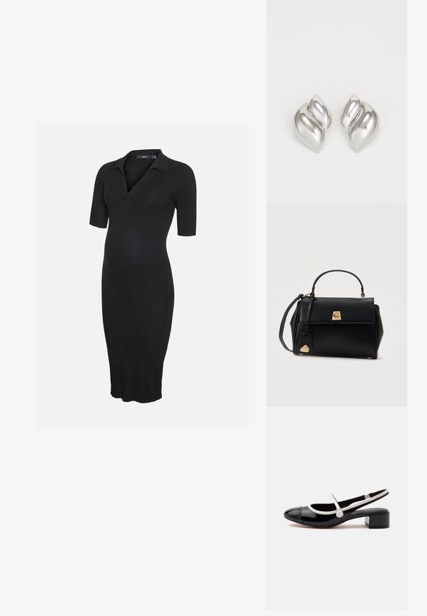 Schwarzes geripptes Strick-Umstandskleid mit kurzen Ärmeln und Kragen, mit V-Ausschnitt und knielangem Saum.; Schwarzer Slingback-Schnürschuh aus Lackleder mit weißem Riemen und Besatz, niedrigem Blockabsatz und runder Zehenpartie auf weißem Hintergrund.; Schwarze Ledertasche mit Tragegriff oben, Klappverschluss mit goldfarbenem Verschluss und abnehmbarem Schulterriemen vor weißem Hintergrund.; Silberne Ohrringe mit einer organischen, abstrakten Form. Glatte, glänzende Oberfläche mit einem konischen Design. Mit dezenten Kurven und einem zentralen Linienelement.