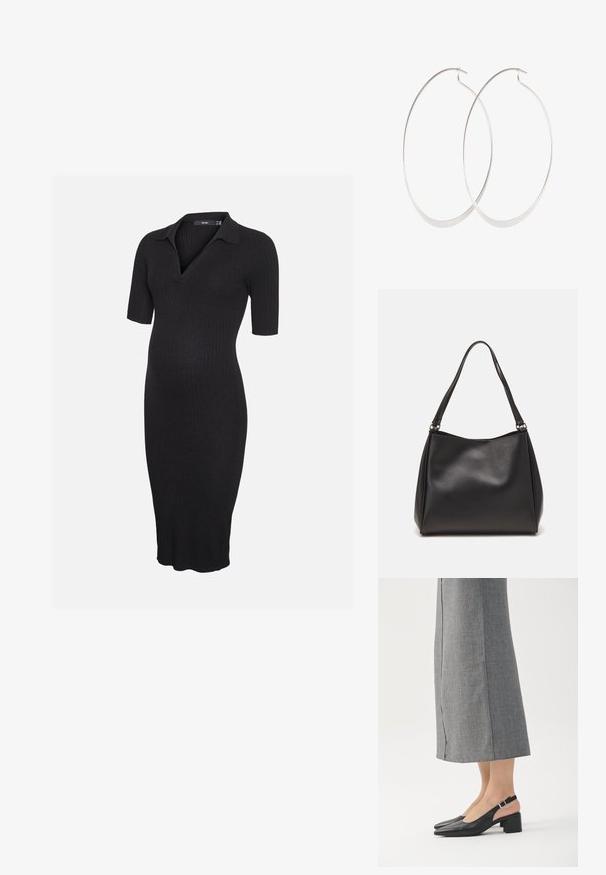 Schwarzes geripptes Strick-Umstandskleid mit kurzen Ärmeln und Kragen, mit V-Ausschnitt und knielangem Saum.; Schwarze Slingback-Schuhe aus Leder mit spitzer Spitze, Blockabsatz und kontrastierendem rosa Absatzakzent. Glatte Textur mit minimalistischem Design.; Schwarze Handtasche aus synthetischem Leder mit weicher Textur, Hobo-Form und doppelten Schulterriemen; zeichnet sich durch ein glänzendes Finish und minimalistisches Design aus.; Silberne Creolen mit einem dünnen, glatten Design; länglich-ovale Form; polierte Oberfläche; ausgestattet mit einem sicheren Hakenverschluss.