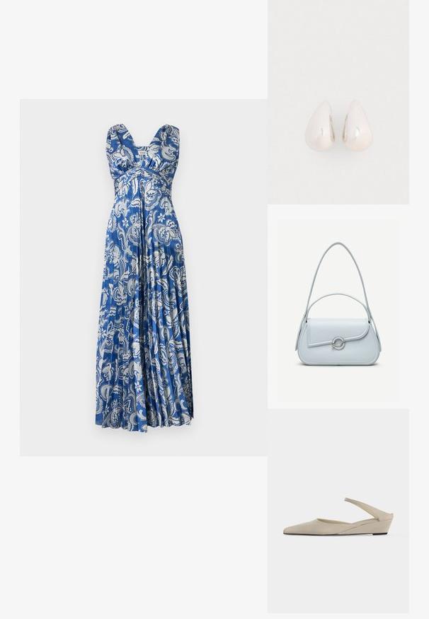Sleeveless blue maxi dress with white floral paisley pattern, V-neckline, fitted bust, and pleated flowing skirt.; Beige low wedge heel slingback shoe with pointed toe and smooth matte finish, shown in side profile on white background.; Light blue leather handbag with a rounded flap, silver circular clasp, and two shoulder straps against a plain background.; Silver metal drop earrings with a smooth, reflective surface and teardrop shape, featuring a seamless design and no visible embellishments.