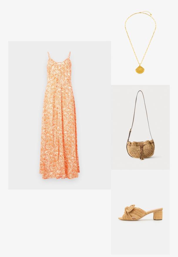 Maxikleid in Orange mit weißem abstraktem Wellenmuster, mit dünnen verstellbaren Trägern, Knopfleiste und fließender Silhouette.; Beige, geflochtene Sandalen mit offenem Zehenbereich und einem geknoteten Akzent im Oberteil, sowie einem strukturierten Blockabsatz für Stabilität.; Kleine hellbraune gewebte Schultertasche mit verstellbarem braunen Ledertragegurt und vorderem Lederbindedetail, hängend vor weißem Hintergrund.; Goldene Halskette mit einem strukturierten goldenen Muschelanhänger und verstellbarem Verschluss auf weißem Hintergrund.