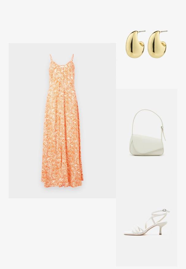 Vestido maxi en naranja con un patrón abstracto de olas blancas, con tirantes delgados ajustables, cierre de botones en la parte delantera y una silueta fluida.; Sandalia blanca de mujer con tiras, tacones delgados, tres tiras delanteras y una correa en el tobillo con hebilla plateada.; Bolso de mano de imitación cuero blanco con una forma triangular estructurada, correa ajustable única y cierre con solapa acentuada en curva.; Pendientes de stud en tono dorado con una superficie suave y pulida, que presentan una forma abstracta en forma de lágrima. Hardware de metal simple para la sujeción.