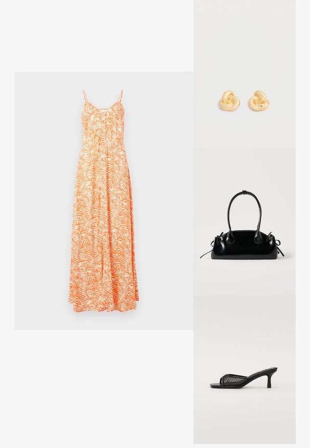 Maxikleid in Orange mit weißem abstraktem Wellenmuster, mit dünnen verstellbaren Trägern, Knopfleiste und fließender Silhouette.; RAID TIANA - Brautschuh - black; Kleine schwarze glänzende Handtasche mit zwei langen Griffen und seitlichen Kordelzug-Details vor einfachem hellem Hintergrund.; Paar glänzende Ohrstecker in Form eines Knotens in Goldton vor einem einfachen weißen Hintergrund.