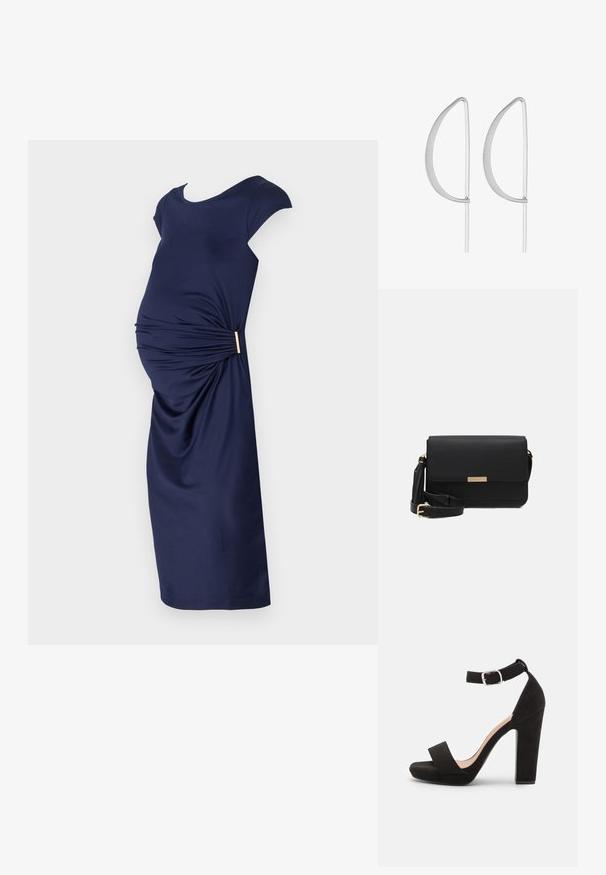 Námořnické těhotenské šaty s krátkými rukávy, na přední straně se sklady a zlatým akcentem v pase. Hladká, pružná tkanina.; Anna Field by Zalando Sandále - black; Čierna kožená crossbody taška s klopou, zlatým kovovým doplnkom, nastaviteľným popruhom a textúrovaným povrchom. Kompaktný obdĺžnikový tvar.; Strieborné kovové náušnice s minimalistickým zakriveným dizajnom, ktorá obsahuje pretiahnuté, otvorené kvapkovité tvary a matný povrch.