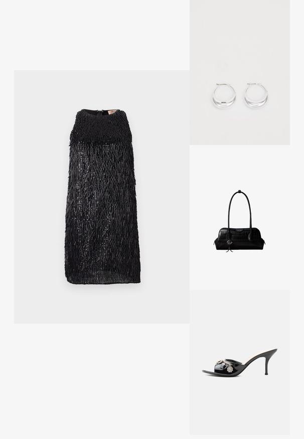 Robe sans manches noire avec un design à franges texturé. Présente un col montant et une fermeture éclair au dos. Doublure intérieure lisse.; Mule à talon haut en cuir verni noir avec bout ouvert et breloques argentées décoratives comprenant une fleur et un cadenas sur la bride avant.; Sac à épaule en cuir noir à texture crocodile, avec de longues sangles et un petit charm logo argenté sur une sangle.; Boucles d'oreilles en argent avec une finition polie et un branding DKNY, présentées sur un fond blanc uni.