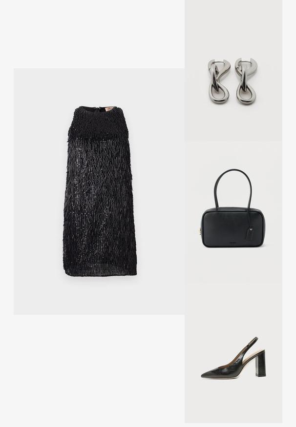 Sort ærmeløs kjole med et tekstureret frynsedesign. Har en høj halsudskæring og en lynlås bagpå. Glat indvendig foring.; Sort læder peep-toe slingback sko med høj blokhæl og beige indvendig foring mod en ensfarvet lys baggrund.; Sort rektangulær håndtaske med dobbelte runde håndtag, gylden lynlås og præget "HUGO"-logo foran med fastgjort lædermærke.; Par af sølvtonede metale øreringe med abstrakt sammenflettet løbedesign på hvid baggrund.