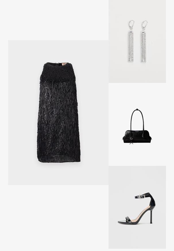 Sort ærmeløs kjole med et tekstureret frynsedesign. Har en høj halsudskæring og en lynlås bagpå. Glat indvendig foring.; Sort højhælet sandal i laklæder med ankelrem. Har minimalistisk design, åben tå og spænde med rhinsten-detaljer.; Sort skuldertaske i krokodillelæder med lange stropper og lille sølvlogo-charm på den ene strop.; Sølv øreringe med to forlængede stænger, hver sat med små, klare rhinsten i et lineært mønster. Lever-back lukning.