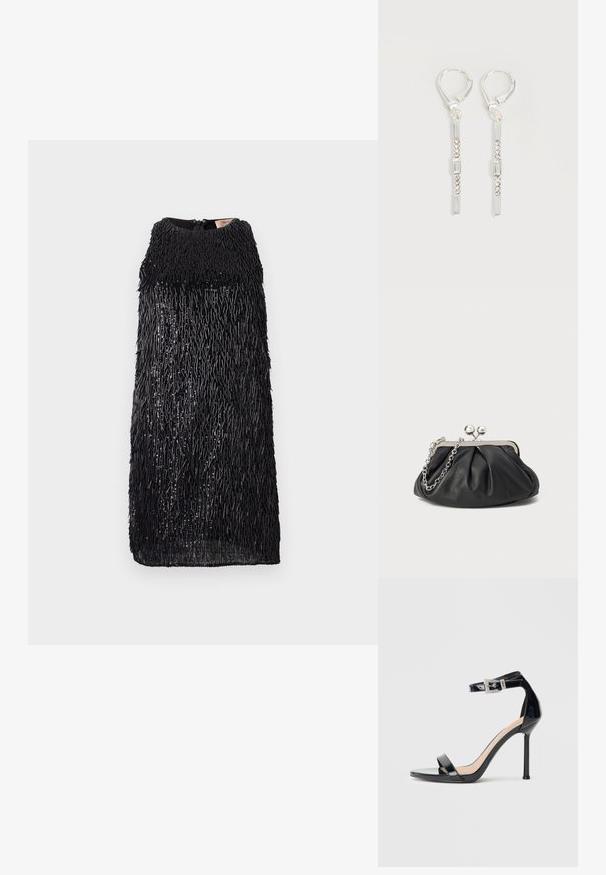 Robe sans manches noire avec un design à franges texturé. Présente un col montant et une fermeture éclair au dos. Doublure intérieure lisse.; Sandale à talon haut en cuir verni noir avec bride à la cheville. Présente un design minimaliste, un bout ouvert et une boucle ornée de strass.; Porte-monnaie en cuir noir avec texture froncée, cadre en métal argenté, fermeture à verrouillage kiss-lock et bandoulière en chaîne. Surface lisse et douce.; Boucles d'oreilles pendantes en argent avec des cristaux clairs rectangulaires et ronds alignés verticalement, sécurisées par des fermoirs à levier.