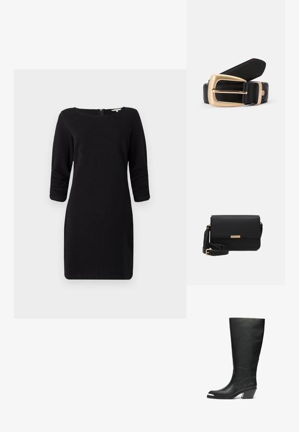 Sort kjole med trekvartærmer, scoop neckline, struktureret materiale og lynlås i ryggen, som tilbyder en tætsiddende silhuet.; Høje sorte læderstøvler med lukket tå og udskåret design. Har en kraftig hæl og en glat overflade. Bemærkelsesværdig detaljering på sidepanelet.; Sorte læder crossbody taske med flaplukning, guldfarvede Hardware, justerbar rem og tekstureret overflade. Kompakt rektangulær form.; Sort læderbælte med en gylden rektangulær spænde. Bæltet har en glat overflade og en subtil syning langs kanterne.